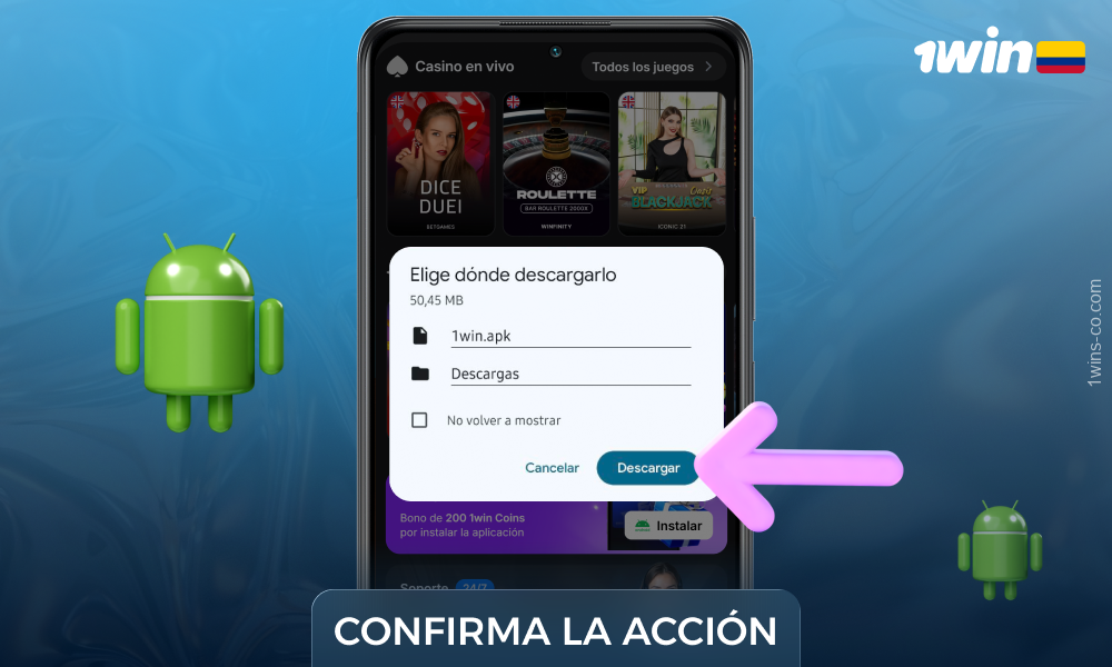 Confirma la descarga del archivo 1vin APK para Android